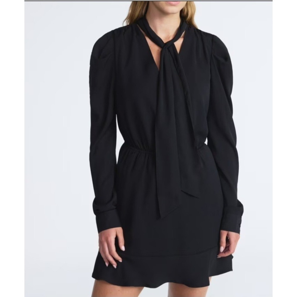 Scoop Women Tie Neck Mini Dress With Ruched Sleeves Size 8-10 Med Black Soot